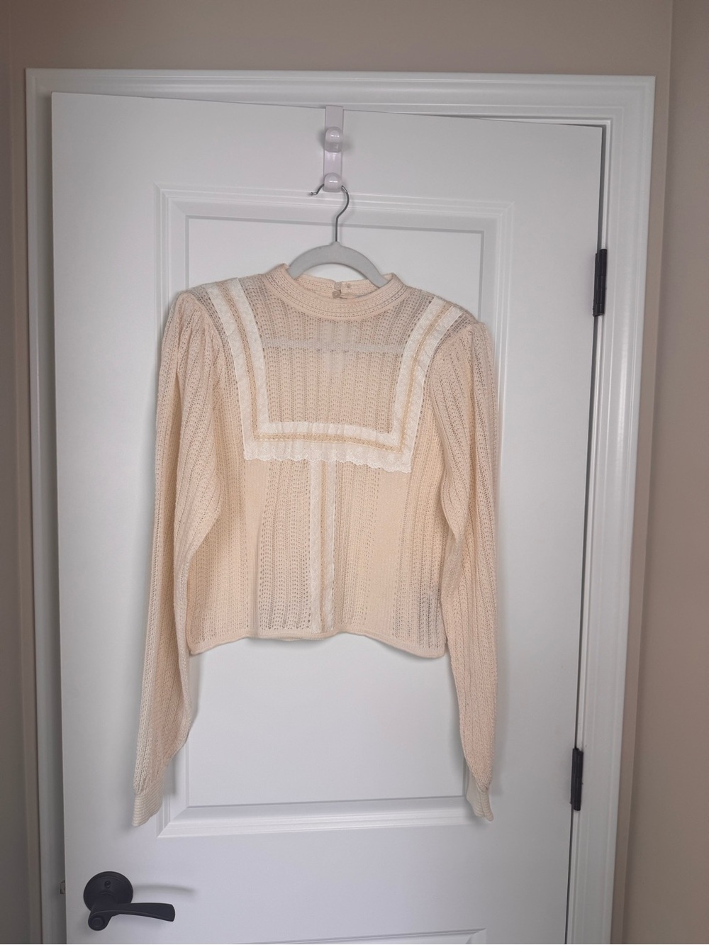 Zara Cream Crochet Knit Sweater with Lace Bib Detail